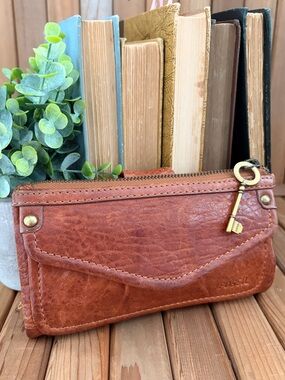 Fossil Long Live Vintage Brown Leather Trifold Wallet Organizer